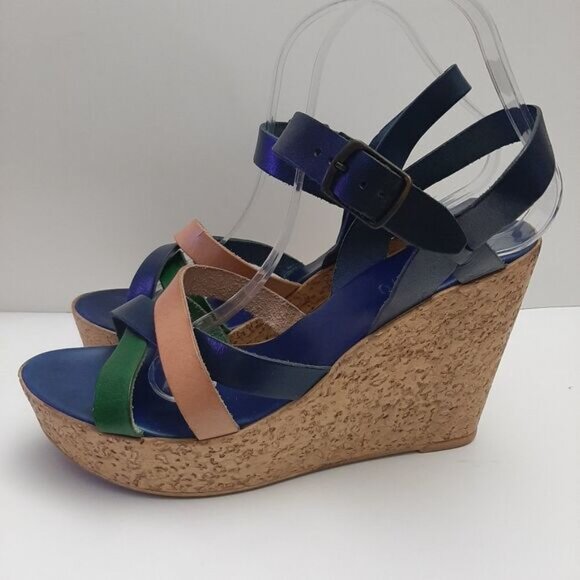 LULU BRAVO Italy Strappy Open Toe Platform Chunky Wedge Heels Sz 8.5 - Picture 8 of 16